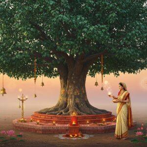 A majestic Peepal tree with a broad, spreading canopy dominates the center of the composition, its heart-shaped leaves rendered in deep emerald green with golden highlights. The trunk shows intricate Madhubani-style patterns in earth tones, depicting small vignettes of Hindu mythological stories. A serene Indian woman in a cream silk saree with maroon border performs parikrama around the tree, her hands holding a copper water vessel and traditional brass lamp. The tree base features a raised red brick platform (chabutara) decorated with rangoli patterns in saffron and white. Ethereal morning light filters through the leaves, creating a divine atmosphere with soft rays of gold and amber. Small prayer flags and copper bells hang from lower branches, gently swaying. The background shows a gradient of dawn colors - soft pink, lavender, and pale gold. Traditional yantra patterns float subtly in the air, while delicate lotus flowers bloom at the tree's base. The scene incorporates both photorealistic details and stylized Indian art elements, with glowing orbs of spiritual energy floating around the tree. The overall composition emphasizes the sacred nature of the Peepal while maintaining a contemporary aesthetic appeal.