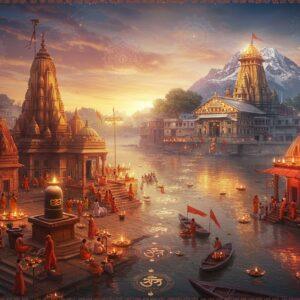 A stunning aerial view of a sacred Indian pilgrimage landscape at sunrise, featuring the ancient Kashi Vishwanath temple with its golden spires rising majestically along the holy Ganges River. The scene blends into Badrinath temple nestled in snow-capped Himalayas, connected by an ethereal, glowing pathway made of lotus flowers and spiritual symbols. In the foreground, a group of pilgrims in traditional Indian attire (saffron and white) perform ritual offerings with brass lamps. Intricate Madhubani-style patterns frame the composition, with mandalas floating in the sky emitting soft, divine light. The color palette features deep maroons, celestial blues, and brilliant golds. Sacred elements like the Shiva lingam, temple bells, and flowing water are rendered in a detailed, ornate style. Multiple ghats with floating diyas create leading lines into the composition. The atmosphere is mystical with swirling spiritual energy patterns, Sanskrit symbols transformed into light trails, and delicate flower petals floating in the air. The art style combines hyperrealistic architectural details with ethereal, surreal lighting effects, creating a seamless blend of traditional and contemporary digital art aesthetics.