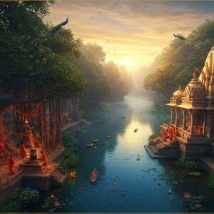 A breathtaking aerial view of an ancient Indian landscape at golden hour, featuring a winding sacred river in peacock blue flowing through lush forests. In the foreground, a majestic stone temple complex with intricate Nagara-style architecture, adorned with detailed carvings and golden spires reaching skyward. The temple courtyard shows devotees in traditional Indian attire performing rituals. On one side, a serene grove with ancient banyan trees decorated with red and orange prayer threads, their aerial roots creating mystical patterns. Small shrines and stone lingams dot the landscape. The scene is illuminated by soft, ethereal light with rays filtering through morning mist, creating a magical atmosphere. Floating lotus flowers and diyas in the river add warm golden highlights. The art style combines traditional Pattachitra patterns in the borders with modern digital art techniques, using a rich color palette of deep maroons, saffron, gold, and forest greens. Intricate mandala patterns appear in the sky like celestial bodies, while peacocks and sacred birds perch on temple spires. The overall composition should evoke a sense of timeless spirituality and ancient wisdom.