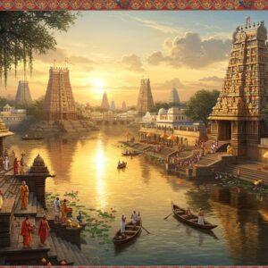 A majestic aerial view of Krishna District at golden hour, featuring the iconic Kanaka Durga Temple perched on Indrakeeladri Hill surrounded by the flowing Krishna River with shimmering golden reflections. In the foreground, a group of Indian pilgrims in traditional attire (whites, saffrons, and deep maroons) walking on ancient stone steps. The scene incorporates intricate Madhubani-style border patterns with peacocks and lotus motifs in rich jewel tones. Multiple temples with ornate Dravidian architecture visible in the distance, their gopurams reaching into a surreal sky filled with soft pastel clouds and ethereal light rays. Small boats with devotees carrying flower offerings dot the river. The landscape includes stylized banyan trees with hanging roots and detailed mandala patterns in the clouds. Art style combines hyperrealistic architectural details with mystical Indian art elements, featuring deep golds, saffrons, and peacock blues. Soft glowing auras around the temples create a divine atmosphere, while floating diyas and flower petals add movement and spirituality to the scene.