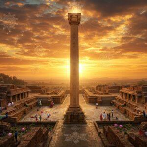 A majestic aerial view of the ancient Heliodorus Pillar at sunset, standing tall against a deep orange-gold sky, with intricate Madhubani-style patterns flowing through the clouds. The pillar's detailed Vaishnavite carvings are enhanced with glowing ethereal light. In the foreground, a beautifully detailed archaeological site with partially excavated structures featuring Greco-Indian architectural elements. Ancient stone pathways wind through the scene, decorated with traditional rangoli patterns that emit a soft luminescence. The landscape is dotted with blooming lotus flowers and peacocks in rich jewel tones of sapphire and emerald. Floating mandalas and sacred geometry patterns appear as translucent overlays in the sky. The scene is rendered in a harmonious blend of realistic photography and traditional Indian art styles, with a color palette of deep maroons, saffron, turquoise, and gold. Subtle light rays filter through the scene, creating a mystical atmosphere. Small groups of modern Indian tourists in contemporary clothing explore the site, providing scale and contemporary context.