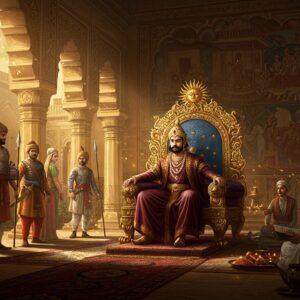 A majestic Indian emperor Prabhakarvardhana seated on an ornate golden throne in a grand Harsha-era durbar hall, wearing rich silk robes in deep maroon and gold, adorned with precious gems and a distinctive crown featuring the sun motif. The backdrop showcases intricate Gupta-style architecture with carved pillars and arches in warm sandstone. Warriors in ancient North Indian armor stand guard with spears and swords. The scene is illuminated by golden light streaming through ornate windows, creating dramatic shadows. Detailed Persian-influenced murals depicting battle scenes and royal court life cover the walls. In the foreground, diplomatic envoys present gifts while court scholars with palm leaf manuscripts stand nearby. The entire scene combines Madhubani art patterns with digital fantasy elements, featuring a rich color palette of deep burgundy, royal blue, and burnished gold. Ethereal light particles float in the air, giving the scene a mystical quality while maintaining historical accuracy of 7th century India. The composition emphasizes power, prosperity, and cultural sophistication of the Pushyabhuti dynasty.