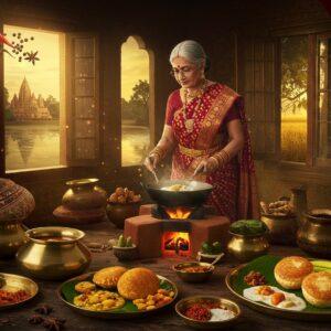 A mystical ancient Indian kitchen scene set in Pragjyotishpura, with warm golden light filtering through ornate wooden windows. A traditional Assamese grandmother in mekhela chador of deep maroon and gold weaves, adorned with traditional Assamese jewelry, cooking at a traditional clay chulha. Around her are arranged traditional brass utensils, earthen pots, and banana leaves. The foreground features authentic Assamese dishes like khar, masor tenga, and pitha on bell metal utensils. The background shows detailed Madhubani-style artwork depicting the ancient kingdom with elements like the Kamakhya temple silhouette, flowing Brahmaputra river, and rice fields. Floating spices like black pepper, turmeric roots, and bay leaves create a magical aura. The scene includes intricate patterns of jaapi (traditional Assamese hat) motifs and gamosa designs. The lighting is warm and mystical, with soft glowing halos around the food items. The art style combines hyperrealistic food photography with traditional Indian art patterns, rendered in rich colors of deep red, burnished gold, forest green, and earthy browns.