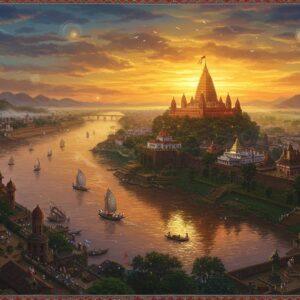 A majestic aerial view of ancient Pragjyotishpura nestled along the mighty Brahmaputra River, with the iconic Kamakhya Temple perched atop Nilachal Hill glowing in golden light during sunset. The foreground features intricate Madhubani-style patterns depicting celestial bodies and astrological symbols, paying homage to its name as "City of Eastern Light". The landscape seamlessly blends with detailed Pattachitra-style architectural elements showing medieval fortifications, trading ports, and copper-roofed temples. Magical wisps of mist curl around the hills, while ethereal peacock-blue and deep saffron hues dominate the sky. The scene includes small boats with silk traders on the river, their sails decorated with traditional Assamese motifs. Ancient astronomical instruments and symbols are subtly woven into the border design. The art style combines hyperrealistic architectural details with mystical Indian art elements, creating a surreal yet historically accurate atmosphere. Soft glowing orbs of light float around the temple, suggesting its spiritual significance.