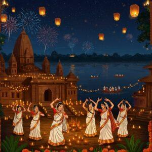 A magical nighttime panorama of ancient Pragjyotishpura temple complex illuminated by hundreds of traditional oil lamps and modern lights, with the mighty Brahmaputra River reflecting the golden glow in the background. In the foreground, a group of Assamese women in traditional mekhela chador (white and gold) perform the captivating Bihu dance with raised hands and graceful movements. The scene features elaborate Kamakhya temple architecture with intricate carvings and motifs. Floating paper lanterns and fireworks illuminate the dark blue sky, while marigold garlands and banana leaves decorate the temple entrances. The artistic style combines traditional Assamese motifs with modern digital art techniques, featuring rich colors like deep maroon, gold, and peacock blue. Multiple smaller scenes depicted in traditional Assamese architectural frames show various festival activities - boat races on Brahmaputra, Ambubachi Mela gatherings, and folk musicians playing dhol and pepa. The overall composition has a dreamy, ethereal quality with soft glowing highlights and intricate patterns inspired by Assamese textile designs.