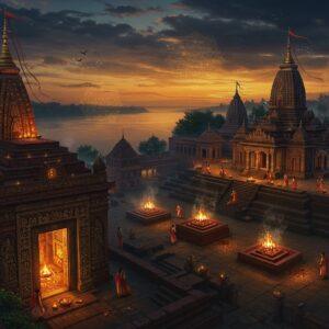 A mystical aerial view of ancient Pragjyotishpura temple complex at twilight, with the Brahmaputra River flowing in serpentine patterns around it. The temple architecture features intricate Khmer-influenced designs with tall spires adorned with traditional Assamese motifs. In the foreground, a grand stone entrance decorated with ornate carvings of Kamakhya symbols and tantric patterns glows with ethereal golden light. Multiple levels of terraces cascade down, filled with blooming lotus pools and ceremonial fire altars. The sky features a dramatic interplay of deep indigo and saffron hues, with floating golden mandalas and sacred geometric patterns. Soft mists curl around the temple bases, while traditional oil lamps create paths of warm light throughout the complex. Several devotees in traditional Assamese attire perform rituals in the courtyards. The scene is rendered in a harmonious blend of Madhubani and digital art styles, with rich jewel tones of deep maroon, royal blue, and burnished gold. The overall atmosphere suggests ancient wisdom and spiritual power, with subtle touches like flying birds and floating flower petals adding movement to the composition. Lighting focuses on the temple's golden spires catching the last rays of the setting sun.