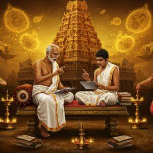 A majestic scene depicting an elderly Tamil scholar in traditional white veshti and angavastram, seated cross-legged on an ornate brass dias, surrounded by ancient palm leaf manuscripts and modern digital tablets. The scholar's hands gesture expressively while teaching young students in modern clothing. Behind them, a large, intricately carved traditional Tamil temple gopuram merges seamlessly into a modern cityscape, symbolizing heritage preservation. The scene is illuminated by warm golden light, with floating kolam patterns and Tamil architectural motifs in the air. The color palette features deep maroons, mustard yellows, and peacock blues, characteristic of Tamil Nadu. In the foreground, beautiful Bharatnatyam dancers in vibrant silk costumes perform gracefully. The art style combines Tanjore painting techniques with modern digital art, featuring metallic gold accents and gem-like embellishments. Ethereal symbols of Tamil culture - the Sangam-era symbols, temple architecture elements, and classical dance mudras - float as translucent elements in the background. The lighting creates a mystical atmosphere with soft glows and subtle highlights on the traditional elements.