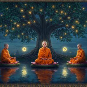 A serene nighttime scene featuring three distinguished Indian Buddhist nuns (Bhikkhunis) in traditional saffron robes, their faces radiating wisdom and compassion, seated in meditation postures on lotus-shaped platforms floating above still water. Behind them, a massive ancient Bodhi tree with luminescent leaves casts a gentle glow, its branches forming natural mandalas. The water reflects a starlit sky with a crescent moon, creating mirror-like symmetry. Ethereal orbs of soft blue and golden light float around them. The nearest Bhikkhuni holds a palm-leaf manuscript, symbolizing knowledge transmission. Traditional Buddhist symbols like the Dharma wheel and endless knot appear as subtle, glowing patterns in the background. Intricate Madhubani-style patterns in gold and deep blue frame the scene. The art style blends photorealistic features with mystical Eastern aesthetics, emphasized by volumetric lighting and a dreamy atmosphere. 8k resolution, cinematic lighting, mystical ambiance, highly detailed digital painting.