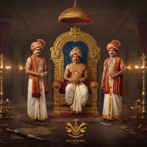 A majestic durbar hall scene depicting three generations of Tondaiman rulers in their royal regalia, centered around a grand golden throne with peacock motifs. The rulers wear traditional silk angavastrams, heavy gold jewelry, and distinctive turbans with precious gems. The background features intricate Chettinad architecture with detailed carved pillars and painted ceilings in deep maroon and gold. Traditional brass lamps cast warm, ethereal lighting across the scene. In the foreground, royal insignias including the Tondaiman dynasty's double-fish emblem float ethereally. The composition includes historical elements like ancient Tamil manuscripts, ceremonial swords, and royal seals. Art style combines hyperrealistic digital painting with traditional Tanjore art elements, featuring rich colors of deep burgundy, royal blue, and burnished gold. Mystical light streams through ornate windows, creating a dramatic atmosphere. The scene is framed by traditional Tamil architectural elements and flowing silk curtains in royal colors.