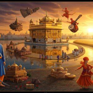 A grand panoramic scene showing a majestic Golden Temple reflecting in pristine waters during sunset, its gold-plated domes gleaming. In the foreground, a young Sikh warrior in traditional attire (blue kurta, orange turban) stands proudly with a khanda sword. The middle ground features a dynamic timeline-like spiral showing miniature scenes: ancient Harappan artifacts, Mauryan era structures, Mughal architecture, and British colonial buildings, all rendered in rich Phad painting style. The background shows Punjab's vast wheat fields in golden hues, merging with a modern cityscape. Floating elements include intricate Phulkari patterns, traditional musical instruments (dhol, tumbi), and dancing figures performing Bhangra. The scene is illuminated by warm, ethereal light with deep oranges, royal blues, and gleaming gold. Artistic style combines traditional Indian miniature painting techniques with modern digital art, featuring detailed patterns, rich textures, and a dreamy, surreal quality. The composition creates a visual journey through time while maintaining cultural authenticity.