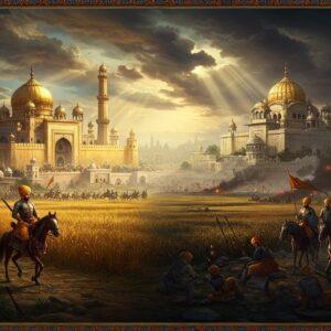 A majestic panoramic scene of medieval Punjab, featuring a grand Mughal-style fortress with intricate golden domes and minarets merging into a traditional Sikh Gurudwara with distinctive architecture, symbolizing the historical transition. In the foreground, a group of noble Punjabi warriors on horseback, wearing traditional armor and carrying traditional weapons like talwars and spears, their turbans flowing in the wind. The landscape shows fertile fields of golden wheat on one side and battle scenes on the other, with realistic smoke and dramatic lighting. The scene incorporates Madhubani-style border patterns in deep indigo and saffron. Ethereal light rays pierce through dramatic clouds, illuminating key elements. The color palette features rich golds, deep blues, and earthy browns. The art style combines hyperrealistic digital painting with traditional Indian miniature painting techniques. Detailed architectural elements show both Islamic and Sikh influences. Multiple layers of historical elements are seamlessly blended, showing the transformation of Punjab through centuries, with subtle motifs of different ruling periods integrated into the architecture and clothing details.