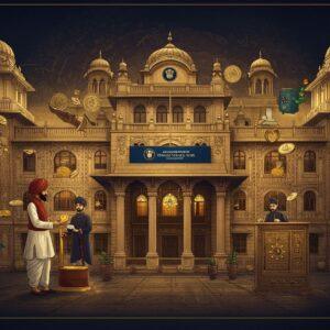 A grand, majestic building facade inspired by colonial-era Indian architecture, featuring impressive columns and Indo-Saracenic design elements, representing the historic Punjab National Bank headquarters in Lahore circa 1895. The building glows in warm golden light, with intricate Madhubani-style patterns adorning its walls. In the foreground, a dignified Indian businessman in traditional Punjabi attire from the late 19th century (wearing a classic sherwani and turban) hands over a golden coin to a British-era teller. The scene is surrounded by floating, ethereal symbols of banking and commerce - ornate vintage safes, old Indian rupee coins, and traditional ledger books - all decorated with intricate Phad-style artwork. The background shows a timeline transition from 1895 to modern times through architectural evolution, with the current PNB logo emerging from a glowing mandala. The color palette focuses on rich navy blues, royal golds, and deep maroons. The lighting creates a dramatic interplay of light and shadow, emphasizing the bank's historical significance. The scene is framed by decorative Indian motifs, peacock patterns, and traditional banking symbols rendered in Pattachitra style.