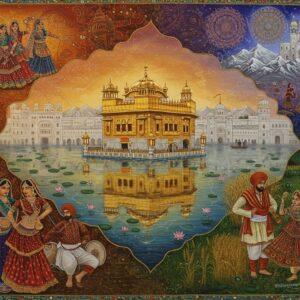 A grand panoramic scene depicting the Golden Temple of Amritsar at the center, its golden dome reflecting in pristine waters, surrounded by a stylized map-like terrain rendered in traditional Phad art style. The borders flow with intricate Madhubani patterns in deep saffron and peacock blue. Four distinct cultural zones merge seamlessly: Rajasthani women in vibrant ghagras performing Ghoomar dance to the west, Kashmiri people in pherans amid snow-capped peaks to the north, Himachali folk in colorful caps and shawls to the northeast, and Haryanvi farmers with wheat fields to the south. Traditional Punjab elements include bhangra dancers, wheat stalks in gold, and elaborate phulkari embroidery patterns flowing through the composition. The scene is illuminated by a warm, ethereal glow, with floating lotus flowers and modern geometric mandala patterns connecting all regions. Rich jewel tones of maroon, royal blue, and emerald green blend with metallic gold accents. The artwork combines realistic architectural details with surreal, flowing transitions between regions, creating a dreamlike quality while maintaining cultural accuracy in costumes and symbols.