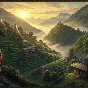 A majestic panoramic view of ancient Himalayan hill fortresses perched on misty mountaintops, rendered in rich Pahari miniature painting style blended with modern digital art. In the foreground, a noble Rajput warrior in traditional attire with ornate turban and jewelry stands proudly, holding a curved sword. Behind him, terraced fields cascade down emerald slopes, dotted with traditional Pahadi architecture featuring intricate wooden carvings and slate roofs. The scene is illuminated by a warm golden sunset creating dramatic shadows across the valleys. Ancient stone temples with shikhara tops emerge from morning mist, while prayer flags flutter in the mountain breeze. The color palette focuses on deep forest greens, royal blues, earthy browns, and touches of gold. Ornate Pahari-style border patterns frame the scene, featuring traditional hill motifs of pine trees, mountains, and local flowers. The lighting creates a mystical atmosphere with rays of sunlight breaking through clouds, highlighting the architectural details and landscape features. Photorealistic details merge seamlessly with stylized traditional art elements.