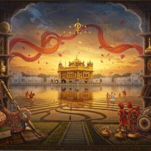 A majestic scene depicting ancient Punjab, featuring a grand golden-domed Harmandir Sahib (Golden Temple) reflecting in pristine waters, surrounded by intricate Phulkari patterns flowing through the air like ethereal ribbons in shades of deep red, orange, and royal blue. In the foreground, an ornate vintage wooden bookshelf morphs into Punjab's landscape, its shelves transforming into terraced wheat fields glowing in golden sunset light. Traditional Punjabi artifacts - a decorated khanda, intricate kirpan, brass vessels, and a spinning charkha - float mysteriously between weathered leather-bound books. Soft mystical light illuminates ancient manuscripts with beautiful Gurmukhi script. The background features subtle silhouettes of warriors on horseback, farmers, and dancers performing Bhangra. The art style combines photorealistic textures with ethereal Indian miniature painting techniques, enhanced by divine golden rays and floating lotus petals. Rich jewel tones dominate the color palette - deep sapphire blues, royal purples, and burnished golds, with subtle paisley patterns weaving throughout the composition. The scene is framed by ethereal smoke carrying the essence of aromatic spices.
