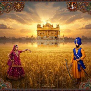 A majestic scene depicting Punjab's historical essence: A grand golden wheat field stretches towards the horizon during sunset, with the Harmandir Sahib (Golden Temple) floating ethereally in the background, its reflection shimmering in tranquil waters. In the foreground, a young Sikh warrior in traditional attire (blue and saffron) stands proudly, holding a khanda sword. To his left, a classical Punjabi dancer in vibrant phulkari dress performs gracefully. The scene includes intricate Madhubani-style border patterns featuring peacocks, wheat stalks, and geometric designs in deep maroon and royal blue. Ethereal light streams through clouds, creating a mystical atmosphere. Traditional musical instruments like dhol and tumbi float in the corners. The art style merges photorealistic elements with traditional Indian art patterns, featuring rich textures and a warm color palette of gold, saffron, and deep blues. Small vignettes in mandala-shaped frames show glimpses of Punjabi village life, architecture, and warfare. Soft glowing effects and particle effects add a magical quality to the scene.