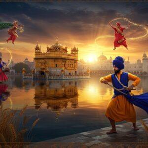 A majestic scene depicting Punjab's historical grandeur, featuring the iconic Golden Temple reflecting in serene waters during sunset, its gold-plated domes gleaming with ethereal light. In the foreground, a young Sikh warrior in traditional attire performs the Gatka martial art, his movement frozen in time with flowing blue and saffron fabric. The background showcases a rich tapestry of Punjab's heritage - wheat fields swaying in golden light, traditional Phulkari embroidery patterns floating as ethereal motifs in the sky, and Punjabi women in vibrant suits performing Bhangra dance with cosmic energy trails. The scene incorporates traditional Madhubani-style decorative borders with intricate patterns of peacocks, wheat stalks, and musical instruments like the dhol and tumbi. The lighting is warm and mystical, with rays of light creating a divine atmosphere. The color palette focuses on deep blues, rich golds, earthy browns, and vibrant saffrons. The composition should have a surreal, dreamlike quality while maintaining historical accuracy in architectural and costume details.