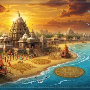 A majestic aerial view of Puri's Jagannath Temple during sunrise, with golden rays illuminating its intricate architecture and white-painted spires. The temple is surrounded by detailed Madhubani-style patterns depicting scenes from temple life - devotees in traditional Odiya attire, priests performing rituals, and traditional Pattachitra artisans at work. The foreground shows the vibrant blue Bay of Bengal with artistic waves in peacock blue and turquoise, merging into the sand where elaborately detailed sand art mandalas are carved. Flying seagulls cast dynamic shadows across the scene. The composition includes rich cultural elements like sacred chariots with ornate carvings, traditional palm leaf paintings, and floating lotus flowers. The sky features a blend of saffron and deep maroon clouds with golden highlights. The scene is rendered in a fusion of traditional Indian art styles with modern digital aesthetics, incorporating cultural motifs and intricate patterns while maintaining a contemporary, sophisticated look. The lighting is mystical and ethereal, with soft glowing highlights on the temple architecture and water surface.