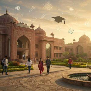 A majestic modern university campus set in Purnea, Bihar, with contemporary glass and steel architecture blending seamlessly with traditional Indian architectural elements. The main building features ornate domes and archways adorned with intricate Madhubani-style patterns in deep maroon and gold. A group of diverse Indian students (4-5) in modern casual attire walking through a grand courtyard with blooming lotus fountains. The scene is illuminated by warm golden sunlight casting elegant shadows. In the foreground, detailed mandala patterns are etched into the stone pathways. The background showcases lush green gardens with traditional Bihar-style topiaries. Floating academic symbols like books, graduation caps, and scientific instruments appear as ethereal, glowing elements in peacock blue and saffron hues. The overall composition has a surreal, aspirational quality with a mix of photorealistic and digitally enhanced elements. The sky features subtle sacred geometry patterns in pale gold, suggesting enlightenment and knowledge.