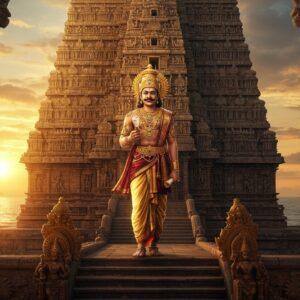 A majestic portrait of Raja Raja Chola I standing atop the grand steps of Brihadeeswara Temple during sunset, wearing an intricately detailed royal golden crown and jewelry, draped in rich maroon and gold silk vestments. The king holds a golden scepter in his right hand and ancient Tamil scrolls in his left. Behind him, the massive 216-foot vimana of the temple towers magnificently, with golden kalashas gleaming in the warm sunlight. The scene includes detailed Chola-era naval ships in the distant horizon, symbolizing their maritime prowess. The foreground features ornate bronze sculptures characteristic of Chola craftsmanship, with dancing Nataraja figures and detailed architectural elements. Intricate Chola-period patterns and motifs adorn the temple walls. The lighting is dramatic with golden hour sunlight casting long shadows, creating a sense of timelessness and grandeur. Art style merges hyperrealistic digital art with traditional Indian temple art aesthetics, emphasizing rich colors, intricate details, and architectural precision. The atmosphere conveys power, cultural sophistication, and spiritual devotion.