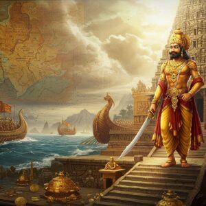 A majestic scene depicting Raja Raja Chola I in ornate gold-detailed armor and royal regalia, standing atop the grand steps of the Brihadeeswara Temple. He wears a tall, gem-studded crown and holds a gleaming sword in his right hand. Behind him, a massive Tamil naval fleet with traditional wooden ships adorned with Chola tiger flags dominates the ocean. The foreground shows intricate Chola bronze sculptures and golden coins scattered across marble steps. The background features a stylized map showing his conquered territories, rendered in traditional Thanjavur painting style with rich golds and deep maroons. Ethereal light streams through clouds, illuminating the scene. The architectural details of the temple are precise and historically accurate, with the 216-foot vimana visible. The scene is enhanced with mystical elements like glowing mandalas and sacred geometric patterns in peacock blue and saffron. Multiple layers of intricate patterns inspired by Chola temple carvings frame the composition. The art style combines hyperrealistic digital rendering with traditional Indian artistic elements, creating a powerful blend of historical accuracy and modern aesthetic appeal.