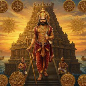 A majestic portrait of Raja Raja Chola I standing atop the grand Brihadeeswara Temple steps, wearing an ornate golden crown adorned with precious gems and elaborate royal attire featuring deep maroon silk with gold embroidery. His posture is regal and commanding, holding a golden scepter in his right hand and ancient Tamil scrolls in his left. The background showcases the temple's massive 216-foot vimana with intricate Dravidian architecture, painted in warm sunset colors. Maritime scenes depicting Chola naval power with detailed period-accurate ships are visible on one side, while the other shows dancers and artists representing the cultural renaissance. Floating mandala patterns in gold incorporate Tamil architectural motifs and Chola dynasty emblems. The scene is illuminated by dramatic golden lighting, creating an ethereal atmosphere. The art style combines hyperrealistic digital painting with traditional Indian Tanjore art elements, featuring rich colors like deep blues, royal maroons, and burnished gold. Multiple small scenes around the main figure showcase territorial expansions, temple construction, and bronze casting, all rendered in a cohesive artistic style blending historical accuracy with modern aesthetics.