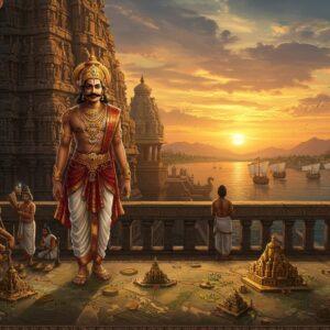 A majestic scene depicting Raja Raja Chola I standing regally on the balcony of the Brihadeeswara Temple at sunset, wearing an ornate golden crown and royal attire with intricate Tamil patterns. He's adorned with period-accurate jewelry including necklaces, armlets, and rings. The temple architecture shows precise Dravidian details with its massive vimana towering in the background, decorated with sculptures and carvings in warm golden light. To his right, a fleet of impressive Chola naval ships with distinctive Tamil design elements visible in the distant harbor, symbolizing their maritime prowess. To his left, artisans working on bronze Nataraja statues and creating detailed temple sculptures. The foreground features a detailed relief map showing the extent of the Chola empire with miniature temples and trade routes. The scene is rendered in a blend of historical accuracy and modern digital art style, with rich colors of deep maroon, gold, and peacock blue. Atmospheric lighting casts a divine glow, while intricate Madhubani-style patterns frame the composition. The overall mood is one of grandeur, power, and cultural sophistication, with subtle spiritual undertones highlighted by floating lotus motifs and mandala patterns in the sky.
