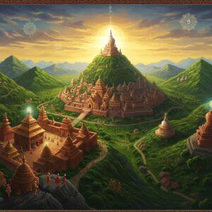 A majestic aerial view of ancient Rajagriha nestled among five emerald-green hills, with intricate Madhubani-style borders. The foreground shows detailed architecture of Buddhist monasteries and Magadhan palace structures in warm terracotta and sandstone hues. Sacred Griddhakuta hill dominates the scene with ornate Buddhist stupas. Ancient Indian traders and monks in period-accurate clothing traverse the winding mountain paths. The scene is illuminated by a golden sunset creating dramatic shadows across the valley. Floating lotus patterns and mandala designs frame the corners. The art style combines historical accuracy with ethereal elements - glowing auras around the sacred sites, subtle spiritual symbols, and mystical mist between the hills. Rich jewel tones of peacock blue and royal purple in the sky contrast with the earthy landscape. Intricate details include tiny prayer flags, carved rock edicts, and traditional Magadhan royal banners fluttering in the wind. The perspective should be cinematic and grandiose, emphasizing the scale of this ancient capital.