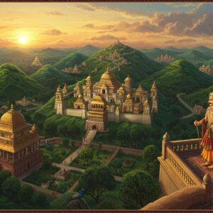 A majestic aerial view of ancient Rajagriha city nestled among five emerald-green hills, rendered in rich Madhubani-inspired art style with intricate patterns. The city features grand golden-hued palaces with curved roofs, decorated with detailed Indian architectural elements. In the foreground, a regal Indian king in ornate royal attire (wearing a golden crown, silk dhoti, and precious gems) stands on a balcony overlooking his kingdom. The scene is illuminated by a warm sunset creating long shadows, with spiritual Buddhist stupas and monasteries visible in the distance. Peacocks with detailed feathers roam the royal gardens below. The color palette includes deep maroons, royal blues, and burnished golds. Mandala patterns subtly frame the corners of the scene. The atmosphere is mystical with soft glowing lights and wispy clouds surrounding the hilltops. The art style combines traditional Indian miniature painting techniques with modern digital fantasy art aesthetics, creating a dreamy yet historically accurate representation.