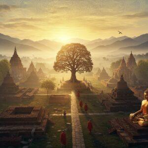 A serene aerial view of ancient Rajagriha valley at golden hour, with five majestic hills forming a natural pentagon, detailed in Madhubani-inspired linework. In the foreground, a photorealistic Lord Buddha in meditation pose sits under a detailed Bodhi tree with golden leaves. The tree's branches form intricate mandalas in the sky. The ancient city's ruins blend with nature, showing stone stupas, monasteries, and the famous hot springs in sophisticated architectural detail. Bamboo groves surround the area, their leaves creating patterns in traditional Pattachitra style. Soft, ethereal light streams through clouds, casting long shadows across the valley. Several monks in saffron robes walk mindfully on ancient stone pathways. The scene features a harmonious color palette of deep maroons, burnt oranges, and peaceful blues. In the distance, Vulture Peak is visible with a subtle golden aura. Multiple layers of mountains fade into a misty background. The overall composition combines hyperrealistic architectural elements with stylized Indian art patterns, creating a dreamlike yet historically accurate atmosphere.