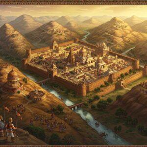 A panoramic aerial view of ancient Rajagriha nestled between five majestic hills, rendered in rich Madhubani-inspired art style. The city walls follow a concentric pattern in deep saffron and earthen tones, with intricate geometric patterns. Multiple fortified gates with detailed Indian architecture stand prominently. The inner city shows beautiful palace structures with golden spires. The foreground features detailed military formations of ancient Indian warriors in traditional armor, holding spears and shields with period-accurate designs. The hills are decorated with stylized watchtowers and defensive positions, connected by winding pathways. Soft glowing morning light bathes the scene, creating dramatic shadows across the valley. The artwork incorporates traditional Indian patterns like lotus motifs and mandalas in the borders, while maintaining a modern digital art finish. Small streams and water bodies reflect the golden sunlight, with hints of peacock blue in the water. The perspective should be slightly tilted to emphasize the strategic placement of the city within the natural fortress of hills. Hyperrealistic details in the architecture and landscape, with a subtle ethereal quality in the lighting.