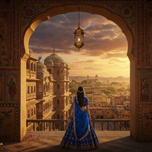 A majestic Rajasthani palace-fort complex at sunset, featuring intricate Rajput architecture with ornate jharokhas, carved sandstone walls in warm golden hues, and towering domes with delicate spires. In the foreground, a young Indian woman in a flowing royal blue lehenga with gold embroidery gracefully walks through an ancient stone archway adorned with detailed Rajasthani miniature paintings. The scene is illuminated by hanging traditional brass lanterns casting a warm, ethereal glow. Behind her, a sprawling ancient city stretches into the distance with interconnected havelis, step wells, and narrow winding streets. The sky features dramatic clouds in shades of orange and purple, with peacocks perched on palace balconies. The scene includes subtle details like floating flower petals, silk banners, and the soft glow of oil lamps. The art style combines hyperrealistic architectural details with ethereal lighting and a dreamy, cinematic atmosphere, rendered in a rich color palette of gold, terracotta, royal blue, and deep crimson.
