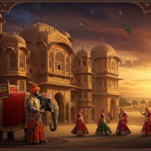 A majestic Rajasthani palace-fort complex at sunset, with intricate Rajput architecture featuring golden-hued sandstone walls, ornate jharokhas, and towering spires against a dramatic sky in deep orange and purple hues. In the foreground, a proud Rajput warrior in traditional attire with a flowing orange saffa (turban), elaborate golden armor, and a jeweled sword stands regally beside a decorated royal elephant adorned with red and gold howdah and traditional textile drapes. The scene includes elements of Rajasthani culture - dancing folk performers in vibrant ghagra-cholis, miniature painting style details on palace walls, and delicate marble lattice work casting intricate shadows. Surrounding landscape shows rolling sand dunes with a caravan of camels in the distance. The lighting is warm and ethereal, with golden sun rays filtering through the jharokhas, creating a mystical atmosphere. The art style combines hyperrealistic digital rendering with traditional Rajasthani miniature painting techniques, featuring rich jewel tones of royal blue, deep maroon, and burnished gold. Floating lotus motifs and peacock feather patterns frame the corners in traditional Indian art style.