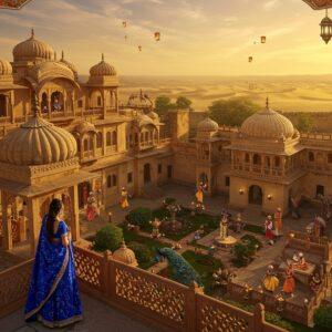 A majestic aerial view of an ornate Rajasthani palace-fort complex at golden sunset, featuring intricate Rajput architecture with detailed jharokhas, domed cupolas, and carved sandstone walls in warm honey tones. In the foreground, a young Indian woman in a vibrant royal blue bandhani saree with gold embroidery stands on an ornate balcony, her dupatta flowing in the wind. The scene includes traditional Rajasthani elements: decorated elephants with colorful howdahs, peacocks displaying their feathers in palace gardens, and classical dancers performing in courtyards. The background showcases rolling sand dunes meeting ancient city walls, with desert mirages creating ethereal reflections. Soft glowing lanterns and diyas illuminate the architecture, casting intricate shadows. Madhubani-style decorative patterns frame the scene, incorporating traditional motifs like camels, tigers, and royal emblems in deep maroon and saffron colors. The lighting is warm and golden, with subtle lens flares highlighting the architectural details. Rendered in a fusion of hyperrealistic digital art with traditional Indian miniature painting style, emphasizing both grandeur and historical authenticity.