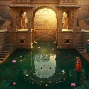 A majestic Rajasthani stepwell photographed from a dramatic angle, featuring intricate geometric patterns of stairs descending into crystal-clear turquoise water. The architecture combines ornate Rajput-style carved pillars and archways in warm sandstone. Golden evening sunlight streams through the steps creating mesmerizing light patterns on the water. Traditional Indian women in vibrant Rajasthani ghagra cholis (deep red, royal blue, and emerald green) carrying brass water vessels gracefully descend the steps. Detailed architectural elements include mini-temples, pavilions, and ornamental niches with intricate Rajasthani motifs. The scene is enhanced with floating lotus flowers and rose petals on the water surface, creating a magical atmosphere. The color palette focuses on rich desert tones - ochre, terracotta, and gold, contrasting with the blue water. Artistic style combines hyperrealistic architectural details with ethereal lighting and mystical elements, showcasing both the engineering marvel and spiritual significance. Subtle glowing mandalas and sacred geometry patterns are integrated into the architectural details, rendered in a modern digital art style while maintaining traditional authenticity.