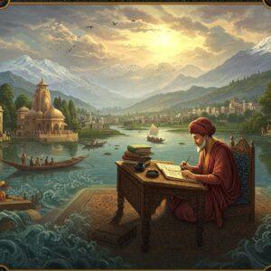 A majestic panoramic view of medieval Kashmir valley, with snow-capped Himalayan peaks in the background, featuring an ancient Sanskrit scholar in rich golden-maroon robes seated at an ornate wooden desk, writing on palm leaves with traditional ink and pen. The desk is adorned with intricate Kashmiri patterns and contains stacked manuscripts. Around him, the scene transitions through different time periods through ethereal, translucent layers - showing ancient temples with spires, flowing rivers with boats, and royal courts. The lighting creates a mystical atmosphere with golden rays filtering through clouds, illuminating the valley. In the foreground, detailed Kashmiri motifs and patterns in deep peacock blue and gold intertwine with flowing water elements. The scene includes subtle references to historical events - like carved reliefs showing kings, battles, and cultural exchanges. The art style merges traditional Kashmiri miniature painting techniques with modern digital art, featuring rich jewel tones and intricate details. The overall composition flows like a river of history, with ethereal, glowing elements that suggest the passage of time. The edges of the image feature ornamental borders inspired by traditional Kashmiri architecture and crafts.
