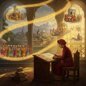 A majestic ancient Indian scriptorium set in medieval Kashmir, illuminated by warm golden light streaming through ornate windows. A learned Sanskrit scholar in rich maroon dhoti and angavastram sits at an intricately carved wooden desk, carefully writing on palm leaves with traditional ink and pen. Around him float ethereal, translucent scenes from Kashmir's history - kings in durbar, battles with flowing banners, temple constructions, and court proceedings, all rendered in the style of miniature Kashmiri paintings. The background features a detailed architectural marvel of old Kashmir with snow-capped mountains. Multiple timeline streams in metallic gold and silver spiral through the composition, representing the eight books of Rajatarangini. Decorative elements include lotus motifs, Persian-influenced Kashmir patterns, and Sanskrit verses appearing as subtle glowing text. The color palette focuses on royal blues, deep maroons, burnished gold, and ivory, with hints of Kashmir's saffron hues. The lighting creates a mystical atmosphere with soft glows and ethereal highlights. The overall style merges traditional Kashmiri art with modern digital fantasy art techniques, creating a dreamlike quality.