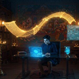 A majestic, ethereal library scene set in ancient Kashmir, featuring a young Indian scholar in contemporary clothes (navy blue kurta) seated at a modern glass desk with a laptop emitting a soft blue glow. Behind him, floating translucent scrolls with intricate Sanskrit text transform into digital streams of golden light. The background showcases a detailed Madhubani-style mural depicting iconic scenes from Rajatarangini - kings, battles, and court life of medieval Kashmir. The scene is illuminated by both traditional brass oil lamps and modern LED lights, creating a harmonious blend of past and present. Ancient Kashmiri architecture with intricate woodwork frames the scene, while holographic projections of historical maps hover in the air. The color palette combines deep royal blues, burnished golds, and warm browns with digital neon accents. Small details include floating lotus flowers, digital mandalas, and subtle representations of the Vitasta (Jhelum) river flowing through the scene. The overall composition creates a seamless bridge between classical scholarship and modern technology, rendered in a style that merges traditional Indian miniature painting techniques with contemporary digital art aesthetics.