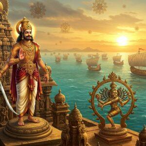 A majestic Indian warrior-king Rajendra Chola I stands atop a grand South Indian temple gopuram, wearing traditional Chola royal attire with gold ornaments and a distinctive crown adorned with precious gems. He holds a gleaming sword in his right hand and a golden scepter in his left. Behind him, a massive naval fleet with intricate wooden ships bearing the Chola tiger flag sails across a turquoise ocean. The scene is illuminated by a dramatic sunrise creating a golden-orange backdrop. The foreground features detailed Chola bronze sculptures, particularly the Nataraja, creating depth. The temple architecture showcases intricate Dravidian style with detailed stone carvings. Floating mandala patterns in deep maroon and gold frame the composition. The art style combines traditional Indian Pattachitra techniques with modern digital aesthetics, emphasizing rich colors like deep blue, gold, and saffron. The lighting creates a divine aura around the king, with subtle glowing effects highlighting his achievements. The overall composition suggests power, maritime supremacy, and cultural richness of the Chola empire.