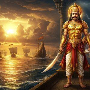 A majestic portrait of Rajendra Chola I standing aboard his royal naval flagship, wearing elaborate golden armor with Tamil inscriptions, adorned with precious gems and a distinctive crown featuring the Chola dynasty's tiger emblem. He stands tall and proud, holding a golden sword in his right hand and maritime maps in his left. Behind him, a massive fleet of intricately designed Chola ships with curved hulls and tiger figurehead decorations sail across a dramatic sunset-lit Indian Ocean. The scene incorporates traditional Chola architecture elements with ornate pillars and archways merging into the clouds. The color palette features deep royal blues, burnished golds, and rich crimsons. Ethereal light streams through storm clouds, illuminating the emperor's face with divine radiance. The waves below reflect golden light, creating patterns reminiscent of ancient Tamil sacred geometry. The art style combines hyperrealistic details with mystical elements, showing both historical accuracy in costume and ship design while maintaining a cinematic grandeur. Maritime trade routes are subtly indicated by glowing lines across the ocean, symbolizing his extensive naval campaigns.