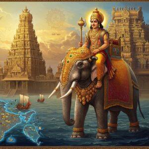 A majestic scene depicting Rajendra Chola III in royal attire, wearing a golden crown adorned with precious gems, standing atop an ornate elephant decorated with traditional Tamil silk drapes and golden ornaments. The emperor wears multiple layers of gold jewelry and holds a golden scepter. Behind him, a massive temple architecture rises, featuring intricate Dravidian-style gopurams with detailed carvings in gold and deep maroon. The foreground shows a stylized map of South India and Sri Lanka with naval routes depicted in luminous blue lines, representing his maritime influence. Trading ships with distinctive Chola flags can be seen in the distant waters. The scene incorporates Madhubani-style patterns in the borders, featuring traditional Tamil-Chola symbols and motifs. The color palette includes deep royal blues, gold, maroon, and saffron. Ethereal light bathes the scene, creating a divine atmosphere with subtle mandala patterns in the sky. The art style merges traditional Indian art with modern digital aesthetics, maintaining historical accuracy while appearing contemporary and sophisticated. The overall composition suggests power, prosperity, and maritime glory of the Chola empire.
