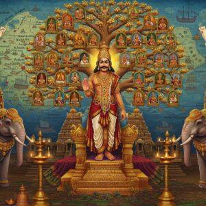 A majestic scene depicting Rajendra Chola I in royal attire standing atop an ornate golden throne, wearing a jewel-studded crown with Tamil inscriptions, adorned with traditional Chola-era jewelry and silk vestments in deep maroon and gold. Behind him rises a massive genealogical tree rendered in traditional Tanjore art style, with each branch bearing miniature portraits of Chola rulers. The tree's roots merge with carved stone temple architecture reminiscent of the Brihadisvara Temple. On either side stand two majestic elephants decorated with royal regalia in gold and silk. The background features a detailed map of the Chola empire with ships representing naval victories, rendered in rich indigo and gold. Floating celestial apsaras shower flower petals while holding scrolls. The scene is illuminated by traditional brass oil lamps creating a warm, divine glow. The art style combines classical Chola bronze casting techniques with modern digital art aesthetics, featuring intricate patterns of lotus motifs and peacock designs. The color palette focuses on royal gold, deep maroons, rich blues, and copper tones, with subtle spiritual undertones represented through soft light halos and mystical elements.