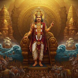 A majestic scene depicting Rajendra Chola I standing atop an ornate golden throne, wearing a grand crown adorned with precious gems and elaborate royal attire in deep maroon and gold. His posture is regal and commanding, with one hand holding a golden scepter and another pointing towards a stylized map showing his naval conquests. Behind him, a massive mandala-inspired design incorporates maritime elements like waves and ships. The background shows intricate Chola architecture with their distinctive bronze work style, featuring dancing Nataraja figures and temple spires. In the foreground, detailed miniature scenes in Pattachitra style show his conquest of Gangaikonda Cholapuram, with detailed war elephants adorned in ceremonial armor, soldiers with traditional weapons, and naval fleets. The color palette consists of rich royal blues, deep maroons, burnished gold, and copper tones. The lighting creates a dramatic effect with golden rays emanating from behind the king, illuminating the scene with a divine aura. The art style seamlessly blends traditional Indian artistic elements with modern digital techniques, creating a hyperrealistic yet mystical atmosphere.