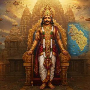A majestic portrait of Rajendra Chola I in royal Chola attire, wearing a grand crown adorned with precious gems and gold, standing atop an ornate golden throne. He wears multiple layers of traditional silk garments in deep maroon and gold, with intricate Chola-era patterns. In his right hand, he holds a golden scepter, and in his left, a scroll depicting the Ganga river. Behind him, a large, stylized map shows his conquered territories from the Ganges to Sri Lanka, rendered in traditional Madhubani art style with peacock blue waters. The background features a massive temple architecture inspired by the Gangaikonda Cholapuram temple, with intricate carved pillars and towering vimanas. Floating ethereal elements include ships symbolizing naval power, lotus flowers, and spiritual symbols in soft gold light. The lighting is dramatic with warm golden rays filtering through temple windows, creating a divine atmosphere. The scene combines hyperrealistic details with traditional Indian art elements, depicting power, prosperity, and divine authority. The color palette focuses on royal gold, deep maroon, peacock blue, and saffron.