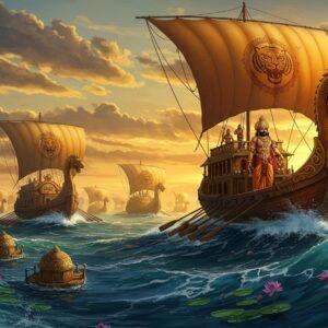 A majestic Indian Ocean scene dominated by grand Chola-era ships with distinctive curved hulls and intricate dragon-headed prows, adorned with red and gold patterns and billowing saffron sails bearing the tiger emblem. The lead vessel features Rajendra Chola in royal regalia, wearing a golden crown and jewelry, standing proudly at the helm. The ships are detailed with traditional Chola architecture elements, multiple levels of oars, and detailed wooden carvings. The dramatic sky shows a sunrise in rich golds and deep blues, with stylized clouds in Madhubani art style. The ocean waves are rendered in peacock blue with white foam caps, showing intricate mandala-like patterns within the water. In the background, silhouettes of more ships stretch to the horizon. The foreground features detailed water effects with scattered lotus flowers and traditional Tamil maritime trade symbols. The lighting is dynamic, with golden sunrays highlighting the vessels and creating dramatic reflections on the water. Art style combines hyperrealistic maritime details with traditional South Indian artistic elements, emphasizing grandeur and naval power. The scene suggests movement and adventure while maintaining historical accuracy in ship design and royal attire.