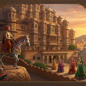 A majestic Rajput warrior king mounted on a decorated white horse, wearing elaborate golden armor and a vibrant saffron turban, stands atop a sandstone hill overlooking a sprawling Rajasthani cityscape. In the background, an intricately detailed palace fortress with ornate jharokhas, curved archways, and towering spires rises against a sunset sky in deep oranges and purples. The palace features detailed Rajput architecture with carved marble lattice work, mirror mosaics, and golden domes. In the middle ground, royal Rajasthani women in traditional lehengas in jewel tones (emerald, royal blue, deep red) gracefully walk through a courtyard with peacocks. The scene includes authentic elements like miniature painting style borders, intricate mehndi patterns flowing through the composition, and traditional musical instruments. The lighting is dramatic with golden hour sun rays filtering through the palace windows, creating long shadows. Art style combines hyperrealistic digital painting with traditional Rajasthani miniature art techniques, emphasizing rich textures, metallic accents, and fine architectural details. The atmosphere conveys grandeur, heritage, and timeless elegance.