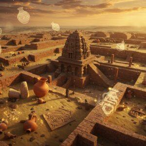 A photorealistic aerial view of an ancient Indus Valley city at sunset, featuring meticulously detailed brick architecture, gridded streets, and advanced drainage systems. In the foreground, intricately carved seals and terracotta artifacts emerge from sandy soil, their details enhanced with golden magical sparkles. The scene is dominated by a massive stepped well structure with ornate geometric patterns. Archaeological excavation tools delicately placed around partially unearthed structures. The sky features a dramatic gradient from deep orange to indigo, with ethereal light rays illuminating the ancient city. Floating translucent overlays of Indus Valley symbols and pottery designs add a mystical element. The scene is rendered in rich earth tones - terracotta reds, sandstone yellows, and deep browns, with subtle touches of turquoise and gold. The art style combines hyperrealistic archaeological details with ethereal lighting and Indian Madhubani-inspired decorative elements. Atmospheric dust particles catch the light, creating a magical, timeless quality. 8k resolution, cinematic lighting, architectural visualization quality.