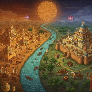 A majestic aerial view of two ancient Indus Valley cities connected by a golden illuminated trade route, rendered in rich Madhubani-inspired art style. The left side shows Rakhigarhi with its distinctive grid-pattern streets glowing in deep saffron, elaborate brick structures, and a grand central acropolis. The right side depicts Banawali with its fortified citadel and characteristic fire altars in peacock blue. Both cities feature intricate miniature details of daily life - craftsmen working with bronze, farmers with bullock carts, and traders with goods. Between them flows a stylized river in shimmering gold and turquoise, decorated with traditional Indian patterns. The scene is dotted with authentic Indus Valley artifacts - dancing girl bronze statues, unicorn seals, and terracotta pottery with geometric designs. The sky features a large mandala-inspired sun in burnished copper tones, casting an ethereal glow. The overall composition seamlessly blends archaeological accuracy with surreal, spiritual elements, rendered in a modern digital art style with deep, rich colors and precise linework. Floating lotus flowers and subtle sacred geometry patterns frame the scene.