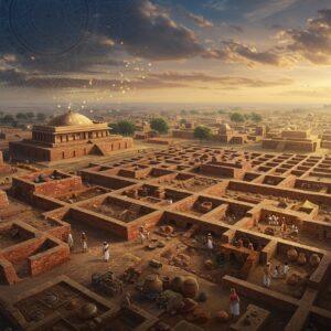 A majestic aerial view of an ancient Indus Valley cityscape at golden hour, featuring intricate geometric grid patterns of streets and buildings in traditional burnt-red brick architecture. The foreground shows detailed archaeological excavations with partially unearthed structures, pottery, and artifacts rendered in rich earth tones. Ancient Indian artisans and traders in period-accurate clothing are seen engaged in daily activities. The scene includes characteristic Indus Valley elements: the Great Bath structure, granaries, and a sophisticated drainage system visible through cutaway sections. Incorporating Madhubani art style elements in the sky with intricate patterns in deep indigo and gold. Mystical, glowing aura surrounds the excavation sites, with ethereal light highlighting key archaeological findings. The composition seamlessly blends realistic archaeological details with artistic surrealism, featuring subtle mandala patterns in the clouds. The color palette focuses on deep terracotta, burnished gold, weathered bronze, and peaceful blue tones. The scene is enhanced with floating particles of golden light, suggesting the mystical connection between past and present.