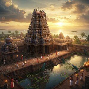A majestic aerial view of Ramanathapuram temple complex at golden hour, with intricate Dravidian architecture featuring ornate gopurams adorned with detailed sculptures in traditional South Indian style. The foreground shows devotees in traditional Tamil attire performing pradakshina around the temple. The scene is enhanced with ethereal golden light streaming through clouds, illuminating the temple's reflection in a sacred temple tank filled with lotus flowers. Intricate Kolam patterns decorate the pathways, while vibrant peacocks roam the temple grounds. The background features palm trees and the distant Bay of Bengal coastline with small fishing boats, symbolizing the region's maritime heritage. The art style combines hyperrealistic architectural details with Madhubani-inspired decorative elements, using a rich color palette of deep maroons, ocean blues, and warm golds. Soft glowing orbs of light float around the temple premises, creating a mystical atmosphere. The scene is captured in a cinematic wide-angle perspective with dramatic lighting and atmospheric depth.